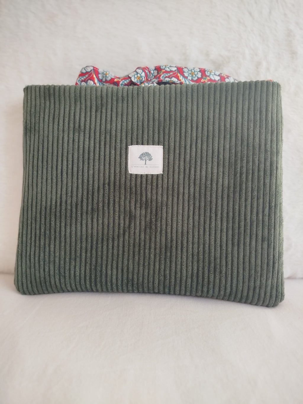 Pochette à livre artisanal cousu main tissu velours vert kaki