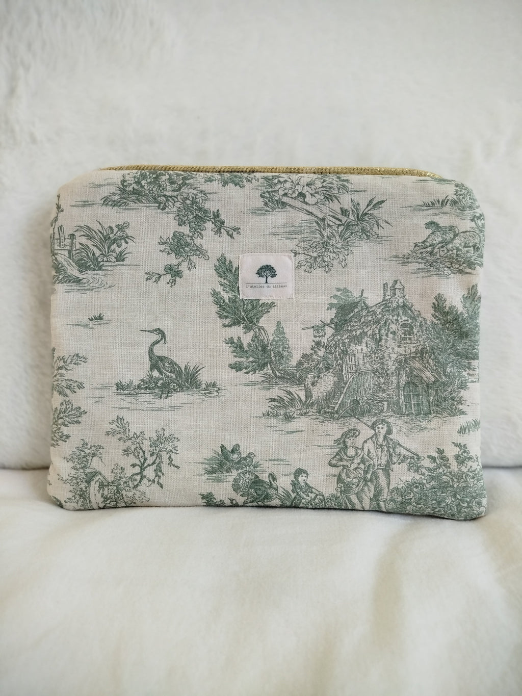 Pochette zippée artisanal cousu main tissus toile de jouy
