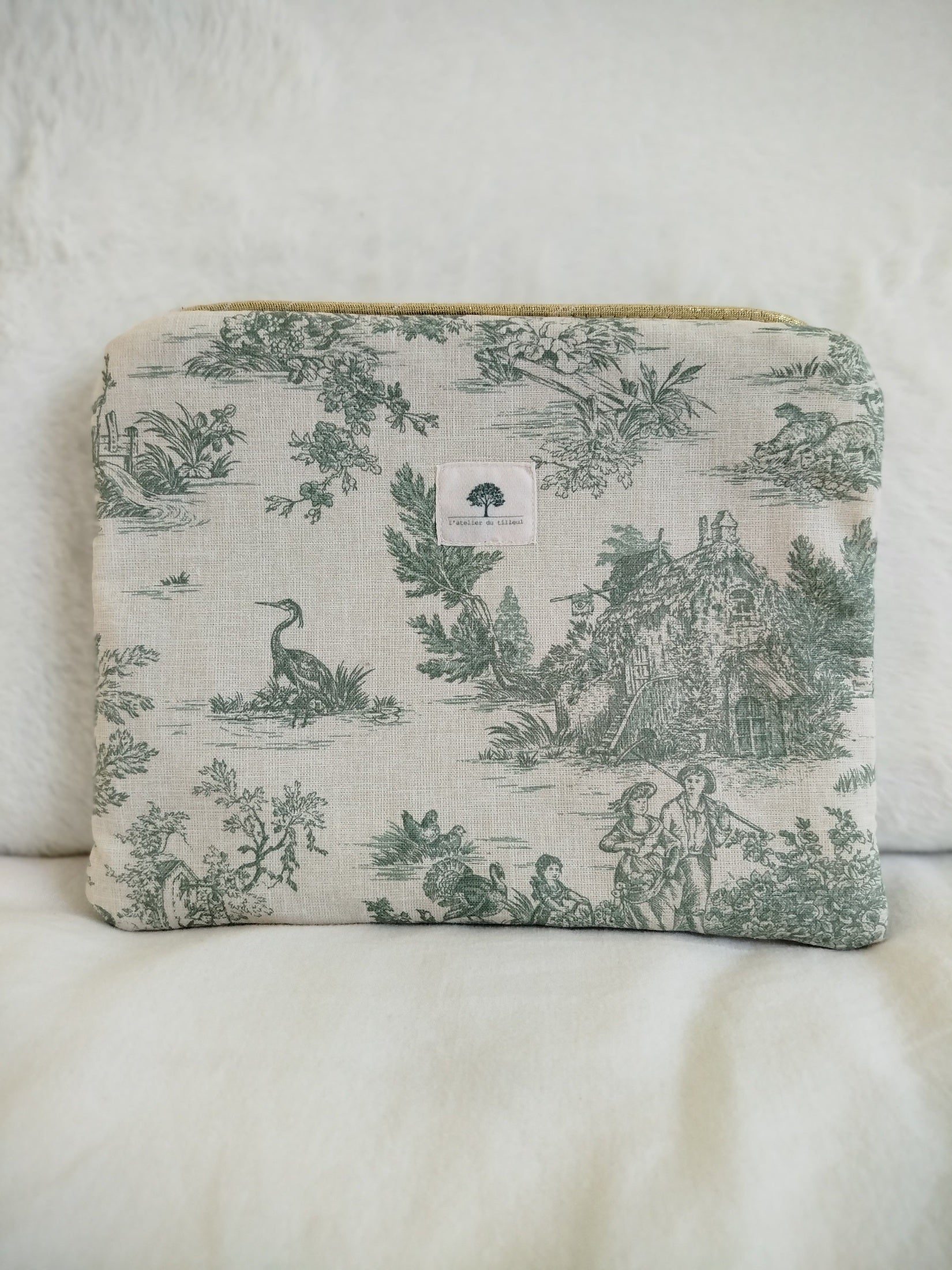 Pochette zippée artisanal cousu main tissus toile de jouy